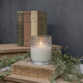 5-inch dotted glass flameless candle with realistic 3D flame on white background – JSQ Mercantile, Women’s Boutique & Gift Shop in La Grange, IL.