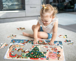 Christmas Cheer 35-piece floor puzzle for kids ages 3 and up with suitcase-style storage box | JSQ Mercantile – Women’s Boutique & Gift Shop in La Grange, IL