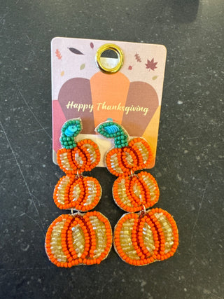 Beaded Pumpkin Drop Earrings – Festive Fall Jewelry with Handcrafted Pumpkin Design – Available at JSQ Mercantile, La Grange, IL