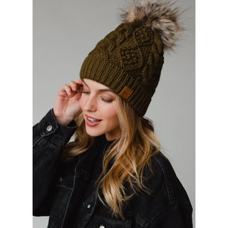 Fleece Lined Cable Knit Hat - Olive Green