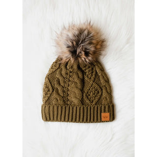 Fleece Lined Cable Knit Hat - Olive Green