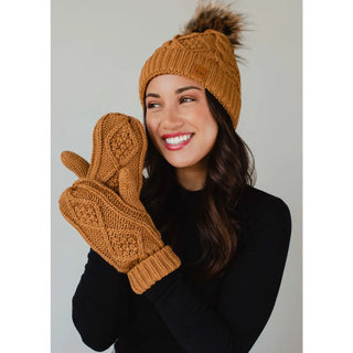 Fleece Lined Cable Knit Mittens - Camel