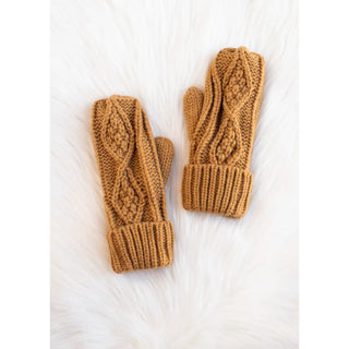 Fleece Lined Cable Knit Mittens - Camel