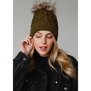 Fleece Lined Cable Knit Hat - Olive Green