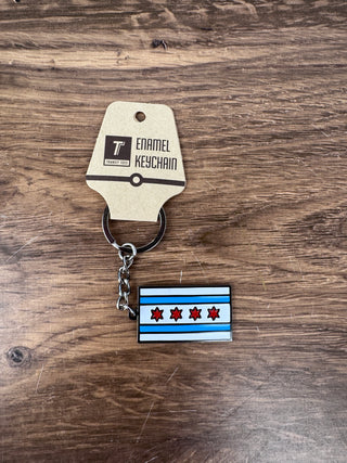 Black metal Chicago Flag Enamel Keychain with red stars and blue stripes design | JSQ Mercantile – Women’s Boutique & Gift Shop in La Grange, IL
