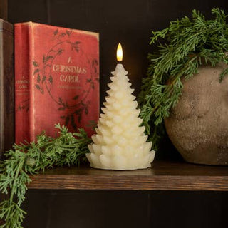 7-inch cream 3D flame balsam tree candle made from plastic and wax with realistic flickering light — JSQ Mercantile Women’s & Gift Boutique, La Grange IL