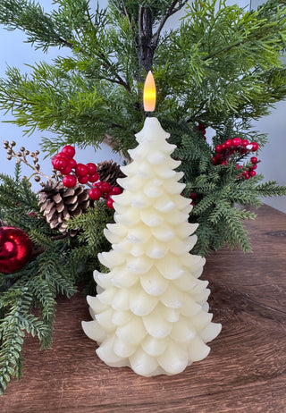 Cream 3D flame balsam tree candle in 7 and 8 inch sizes with realistic flickering flame — JSQ Mercantile Women’s & Gift Boutique, La Grange IL