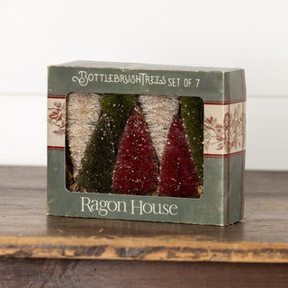 Boxed Set of 7 Small Glittered Holiday Bottlebrush Trees