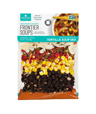 Package of South of the Border Tortilla Soup Mix showing colorful ingredients like black beans, corn, and spices.