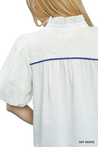 Harper eyelet puff sleeve top with contrast piping and split neckline | JSQ Mercantile – a women’s boutique and gift shop in La Grange, IL