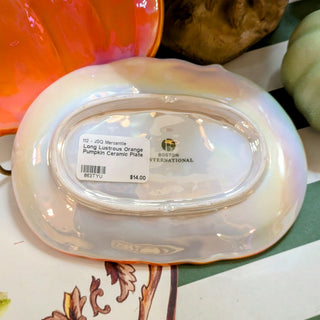 7.75" Long Lustrous Orange Pumpkin Ceramic Plate Fall Décor