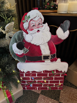 32" Wooden Waving Santa Claus from Chimney Top Porch Sitter