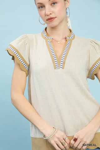 Contrast scallop trim top with ruffle sleeves and V-neck in lightweight linen cotton | JSQ Mercantile – a women’s boutique and gift shop in La Grange, IL
