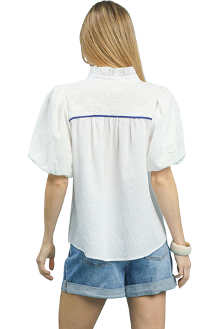 Harper eyelet puff sleeve top with contrast piping and split neckline | JSQ Mercantile – a women’s boutique and gift shop in La Grange, IL