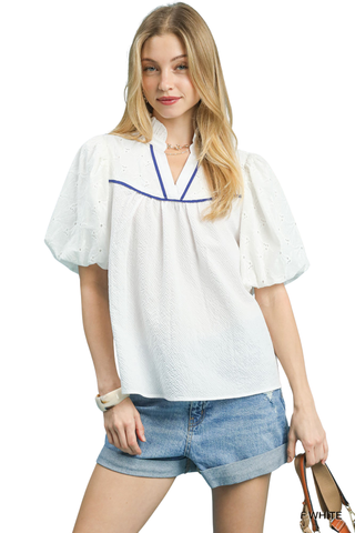 Harper eyelet puff sleeve top with contrast piping and split neckline | JSQ Mercantile – a women’s boutique and gift shop in La Grange, IL