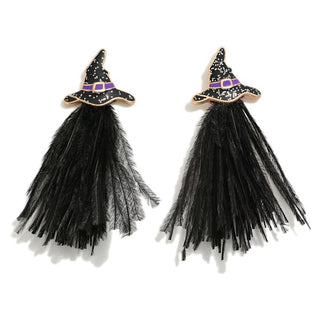 Funky Halloween Witches Hat Drop Earring With Feathers