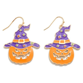 Halloween Pumpkin Drop Earring With Witches Hat
