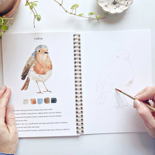 Open book with illustration of a robin and drawing of a bird on a white surface.