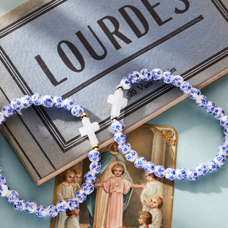 Blue & White Holy Water Porcelain Cross Bracelet