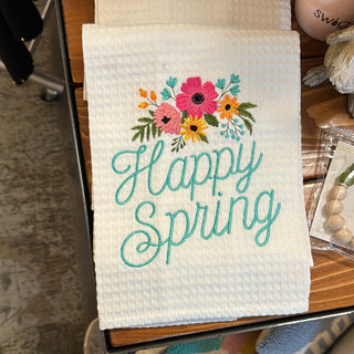 Happy Spring Embroidered Tea Towl - JSQ Mercantile