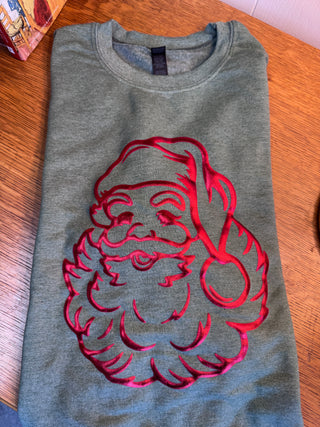 Green Sweatshirt with Metallic Red Vintage Santa Face