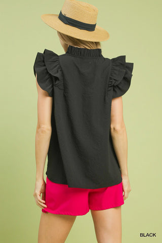 Black Textured Ruffle Sleeve V-Neck Blouse - Plus Size Available