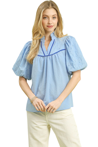 Eyelet puff sleeve cotton top with contrast piping and split neckline for women | JSQ Mercantile – a women’s boutique and gift shop in La Grange, IL.