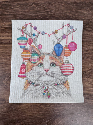Christmas Cat with Ornaments Sponge Cloth