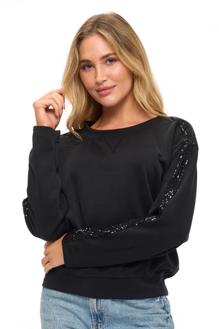 Ariella Crewneck Scuba Sweater with sequin detail on sleeve, featuring a modern structured fit and subtle sparkle accent, styled for everyday wear – JSQ Mercantile – a women’s boutique and gift shop in La Grange, IL.