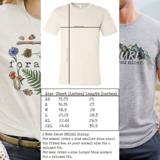 Collage of three t-shirts with designs and a size chart overlay.