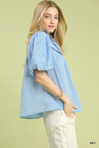 Eyelet Puff Sleeve Contrast Trim Top