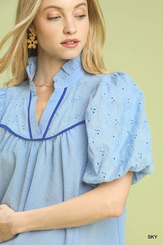 Eyelet Puff Sleeve Contrast Trim Top