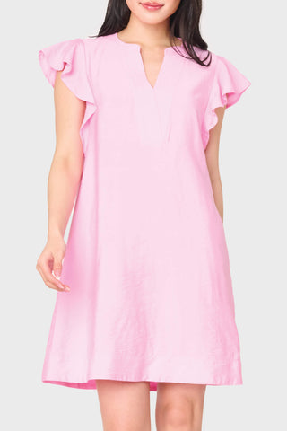 Pink flutter sleeve notch neck shift dress with side pockets and relaxed fit | JSQ Mercantile – a women’s boutique and gift shop in La Grange, IL.