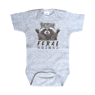 Gray baby onesie with a raccoon graphic and 'feral animal' text on a white background