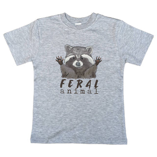 Gray t-shirt with a raccoon graphic and 'feral animal' text on a white background