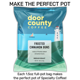 Door County Coffee package with lighthouse design on a white background