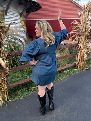 V-Neck Denim-Like Puff Sleeve Dress, Medium Wash | Tribal Clothing