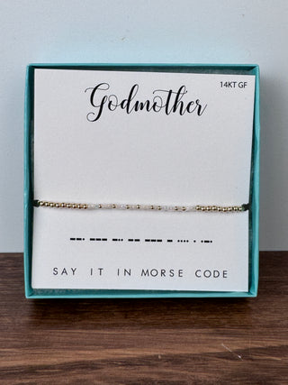 Morse code bracelet spelling “God mother” – JSQ Mercantile – a women’s boutique and gift shop in La Grange, IL.