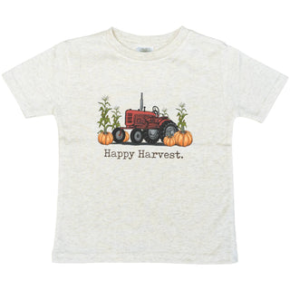 White t-shirt with a red tractor and pumpkins design on a white background