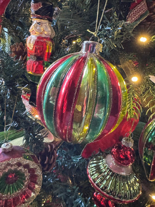 4” Round Glass Red & Green Ornament