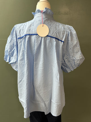 Eyelet Puff Sleeve Contrast Trim Top
