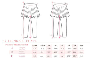 Skegging size chart with measurements for different age groups on a white background.