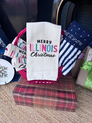Merry Illinois Tea Towel with Red Pom Pom Embellishment