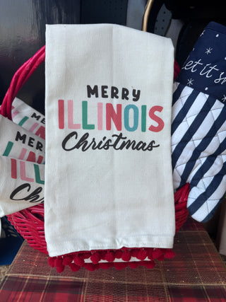 Merry Illinois Tea Towel with Red Pom Pom Embellishment