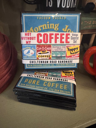 Not Without My Coffee!  Vintage themed Coffee Label Coaster Set