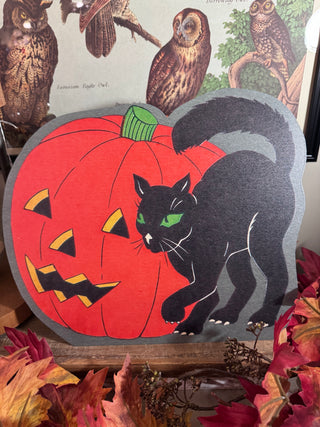 Vintage Cat & Pumpkin Metal Sign – Halloween Wall Décor