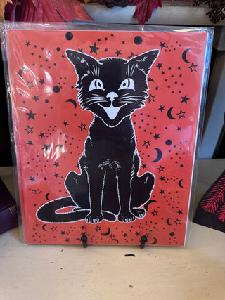 8" x 10 Vintage Halloween Cat on Orange Print