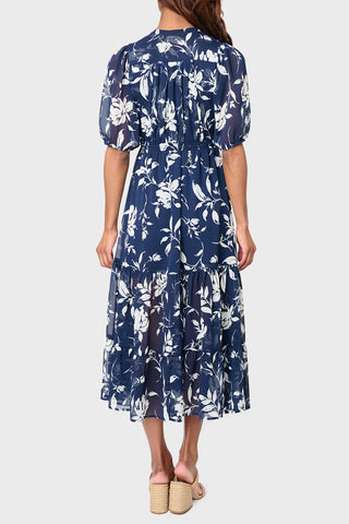 Blue drawstring waist midi dress with puff sleeves and tiered chiffon skirt | JSQ Mercantile – a women’s boutique and gift shop in La Grange, IL.