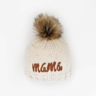 Peanut-colored adult “Mama” beanie with cream embroidery and pom pom – JSQ Mercantile gift shop La Grange, IL
