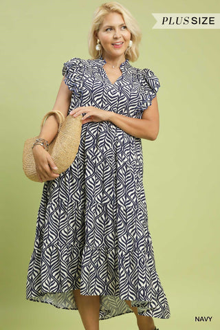Navy Leaf Print Tiered Midi Dress – Available in Plus Size!